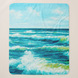  oil painting showing waves in ocean or sea on can sherpa blanket