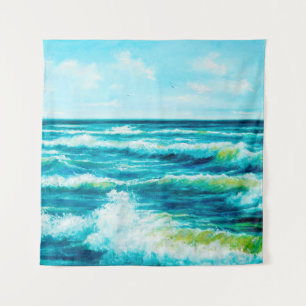 oil painting showing waves in ocean or sea on can tapestry