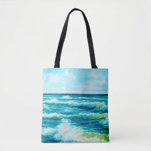 oil painting showing waves in ocean or sea on can tote bag
