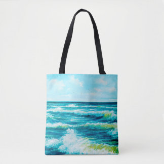  oil painting showing waves in ocean or sea on can tote bag