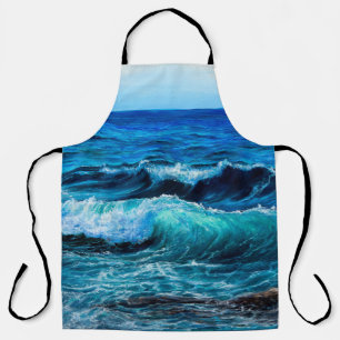 Oil painting showing waves in ocean or sea on canv apron