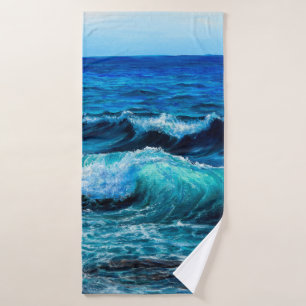 Oil painting showing waves in ocean or sea on canv bath towel