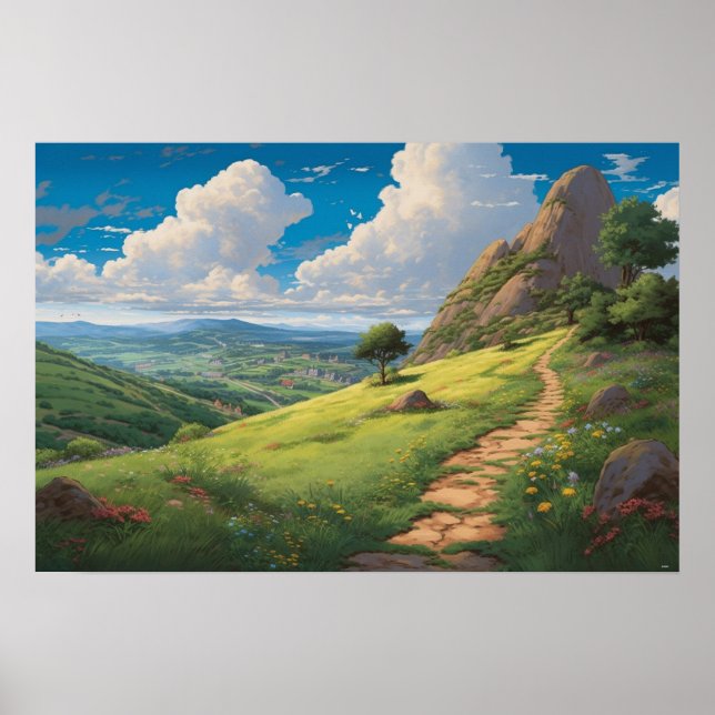 Oil painting winding path hilltop meadow poster (Front)