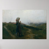 Oil Painting Young Girl Knitting Scenic Landscape