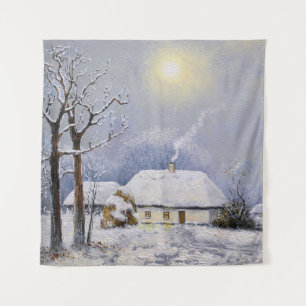 Oil paintings rural landscape. Winter. Old village Tapestry