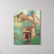 Oil pastel of tiny old barn with female elk laying