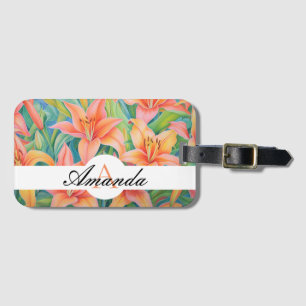 Oil Pastel Orange & Green Lily Pattern Monogramed Luggage Tag
