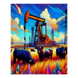 Oil Pump Jack and Cattle Scene Poster