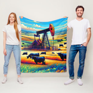 Oil Pump Jack Colourful Background Cows In Field Fleece Blanket