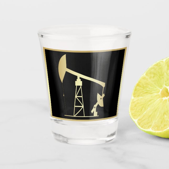 Oil Well Pump Jack Black and Gold Shot Glass (Front)