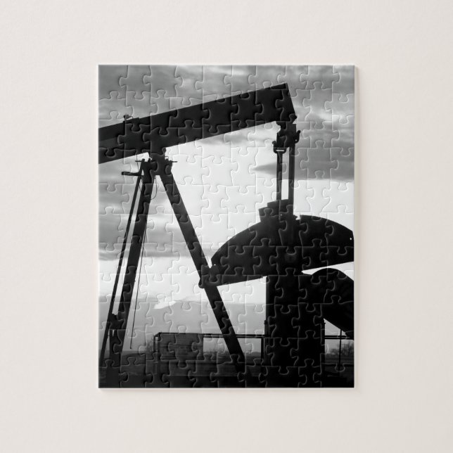 Oil Well Pump Jack Black and White Jigsaw Puzzle (Vertical)