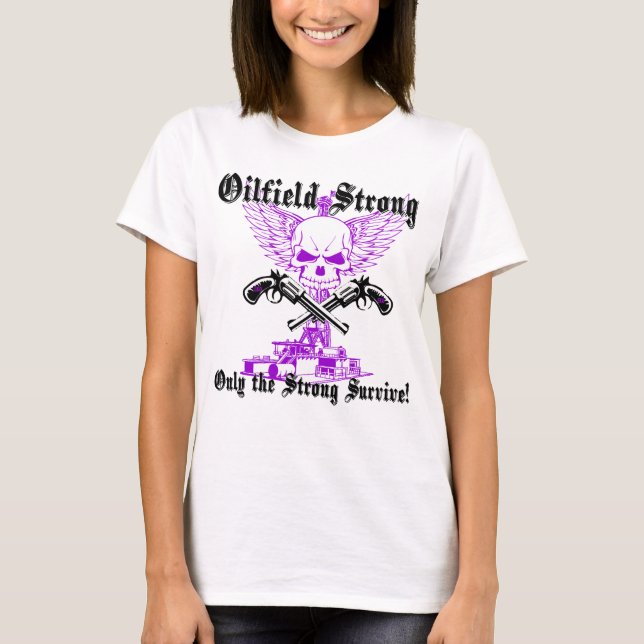 Oilfield Strong with Wings and Pistols in Purple T-Shirt (Front)