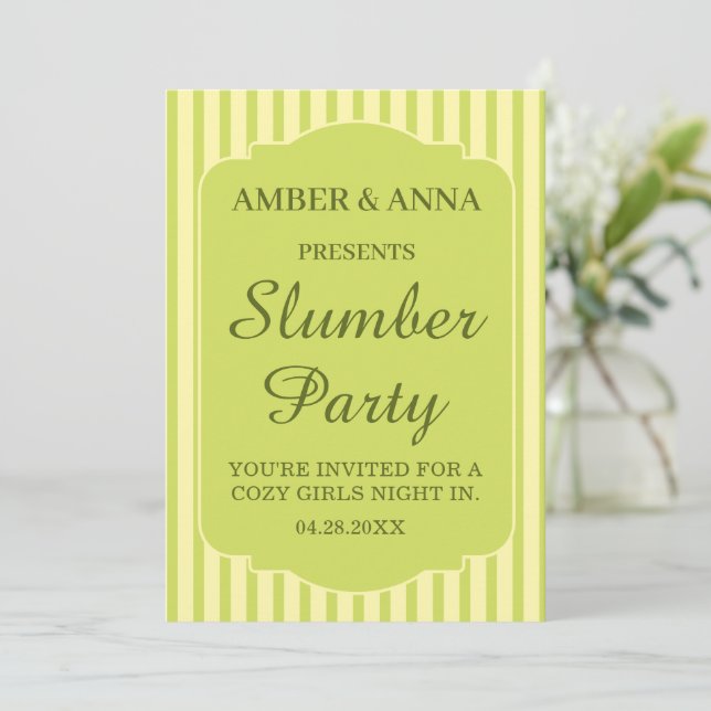 OILIVE GREEN PEROSNALIZED NAME SLUMBER PARTY INVITATION (Standing Front)