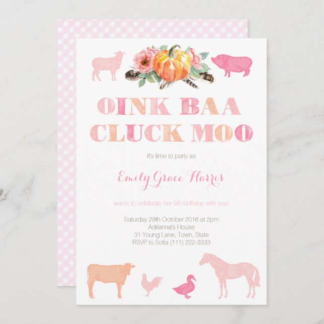 Oink Baa Cluck Moo, Farm Birthday Party for Girl Invitation (Front/Back)