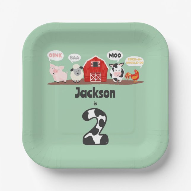 Oink Baa Moo 2nd Birthday Farm Animal Kids Paper Plate (Front)