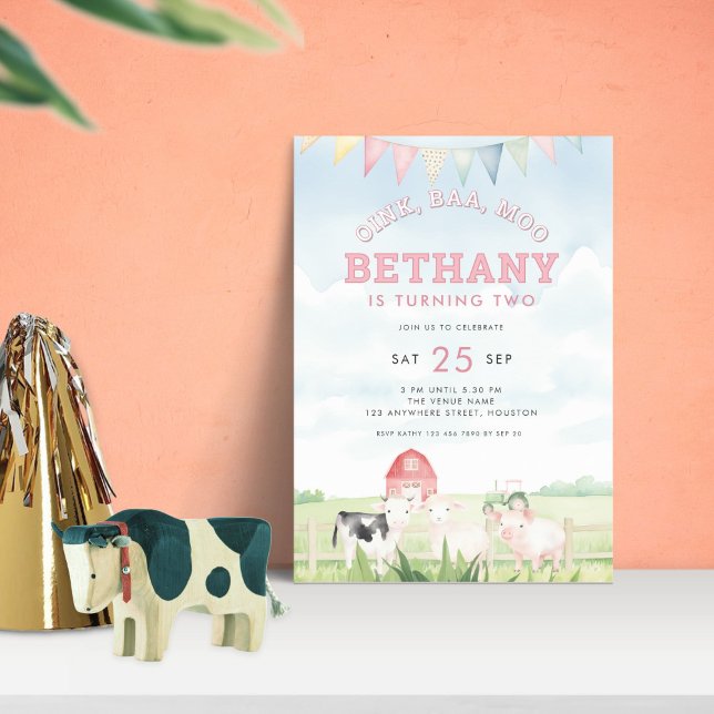 Oink Baa Moo Farm Animals 2nd Birthday Party Pink Invitation (Creator Uploaded)