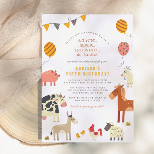Oink Baa Quack Moo Cute Farm Animals Birthday Invitation