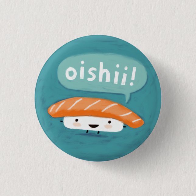 Oishii Sushi | Kawaii Salmon Sashimi Character 3 Cm Round Badge (Front)