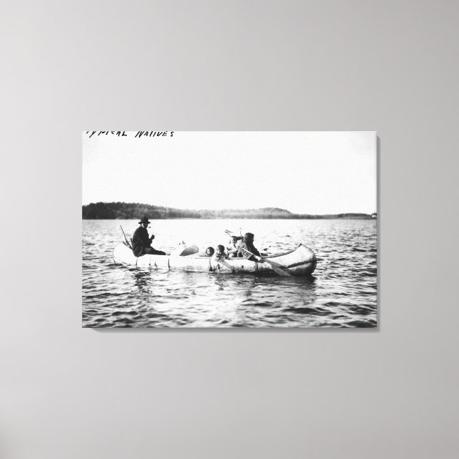 Ojibwa Indians crossing lake in Canoe Photograph Canvas Print (Front)