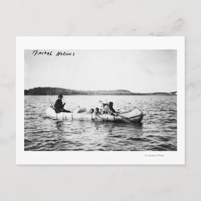 Ojibwa Indians crossing lake in Canoe Photograph Postcard (Front)