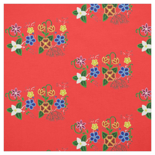 Ojibwe Floral Design with Red Background Fabric (Swatch)