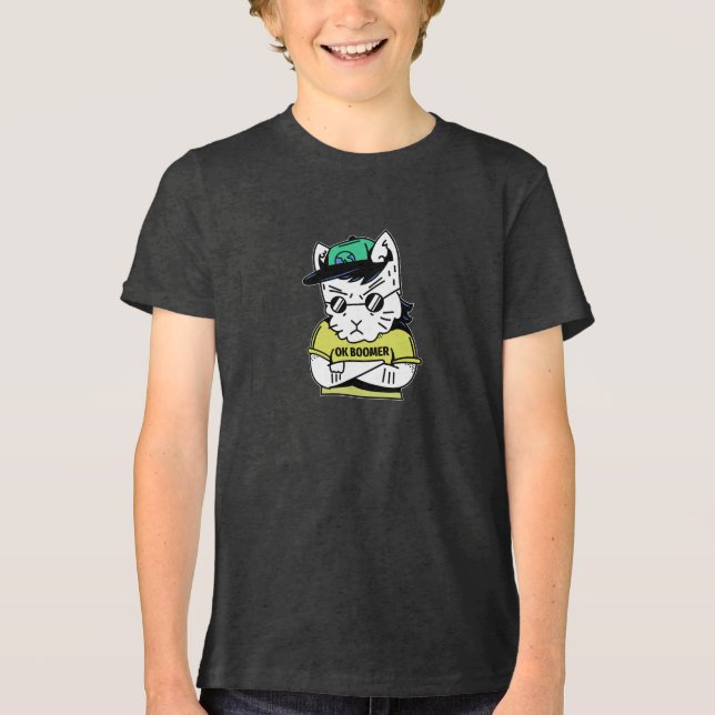 OK Boomer Cool Cat Boys T-Shirt Tri-Blend Shirt (Front)