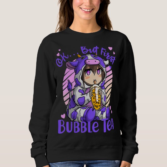 Ok But First Bubble Tea Boba Tea Cow Blue Kid Sweatshirt (Front)
