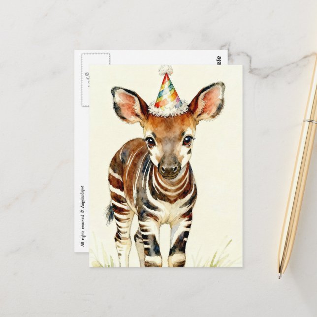 Okapi baby in a party hat  postcard (Front/Back In Situ)