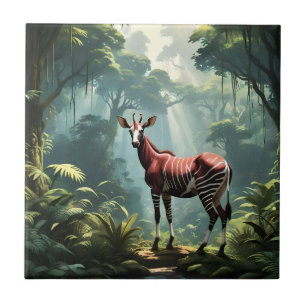 Okapi In The Rainforest, (Zebra Giraffe) Tile