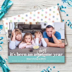 Okay New Year Bold Modern Funny Photo Turquoise Holiday Card