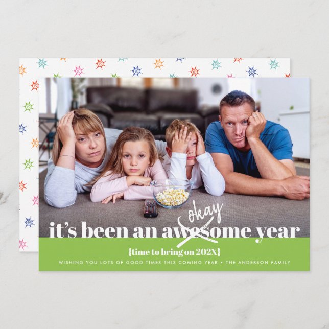 Okay New Year Bold Modern Simple Funny Photo Green Holiday Card (Front/Back)