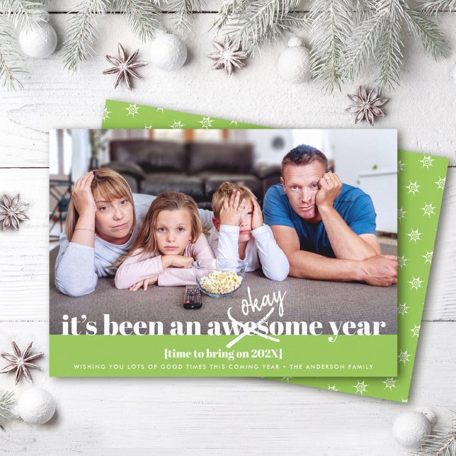 Okay New Year Modern Bold Simple Funny Photo Green Holiday Card (Creator Uploaded)