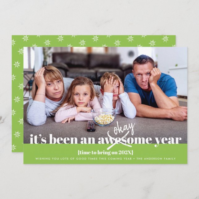 Okay New Year Modern Bold Simple Funny Photo Green Holiday Card (Front/Back)