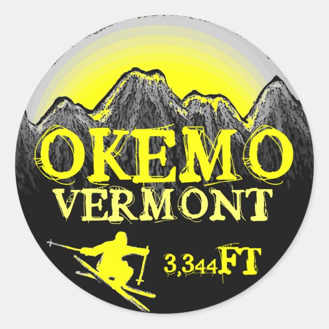 Okemo Vermont yellow ski art elevation stickers (Front)
