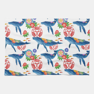 Okianawan bingata style whale pattern tea towel