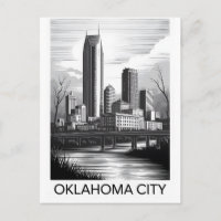 Oklahoma City Oklahoma Skyline Black White Woodcut