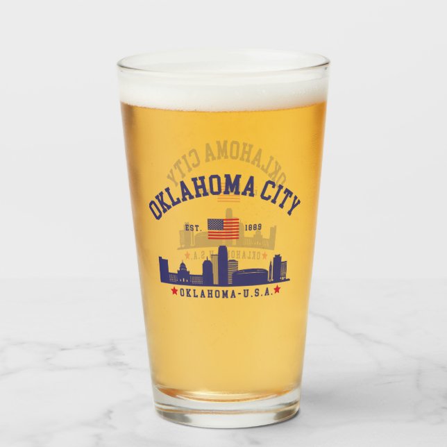 Oklahoma City Skyline Beer Glass with U.S. Flag  (Front Filled)