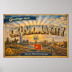 Oklahoma City Vintage Postcard Route 66 Crossroads Poster
