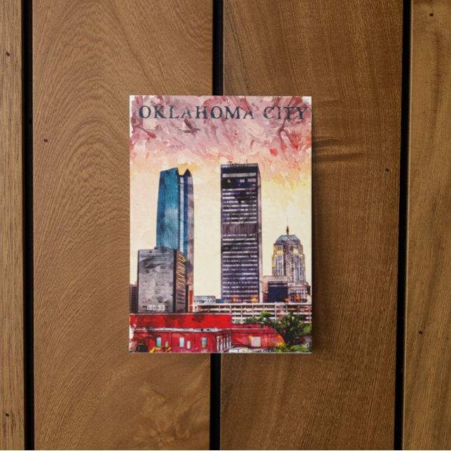 Oklahoma City Watercolor Skyline Painting Postcard (oklahoma city sunset postcard)