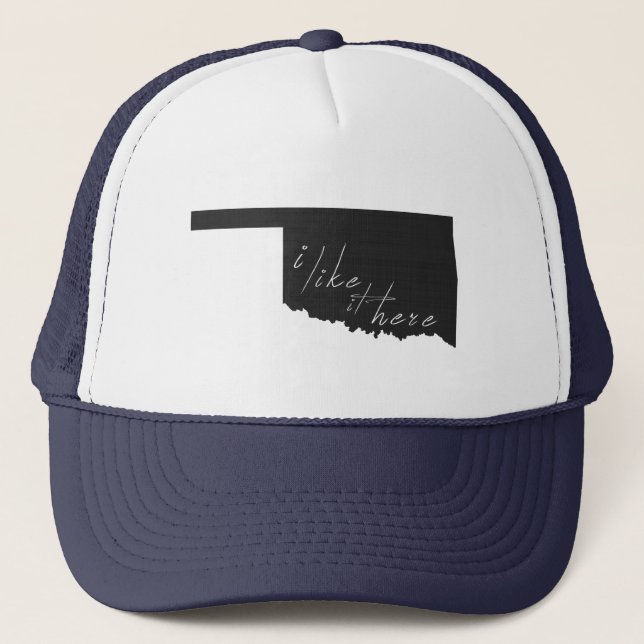 Oklahoma I Like It Here State Silhouette Black Trucker Hat (Front)