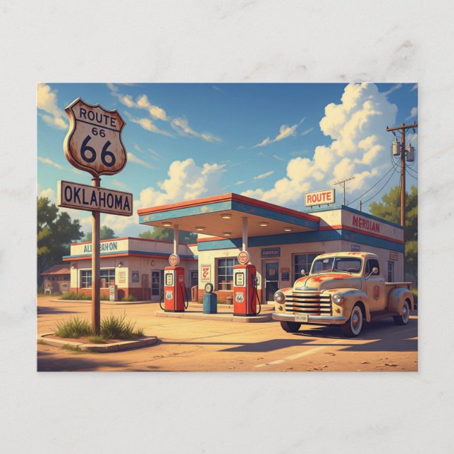 Oklahoma Route 66 Vintage Gas Station Postcard (Front)