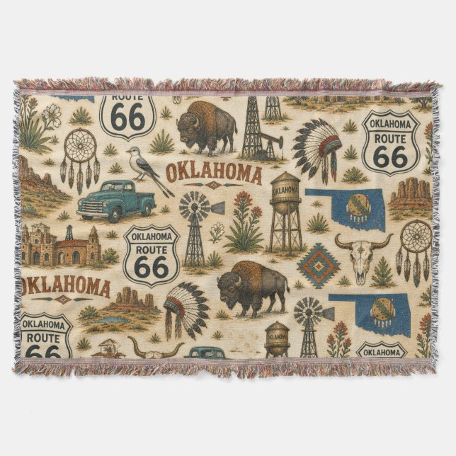 Oklahoma Route 66 Vintage Western Collage Throw Blanket (Front)