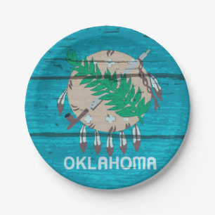 Oklahoma State Flag On Old Timber Paper Plate