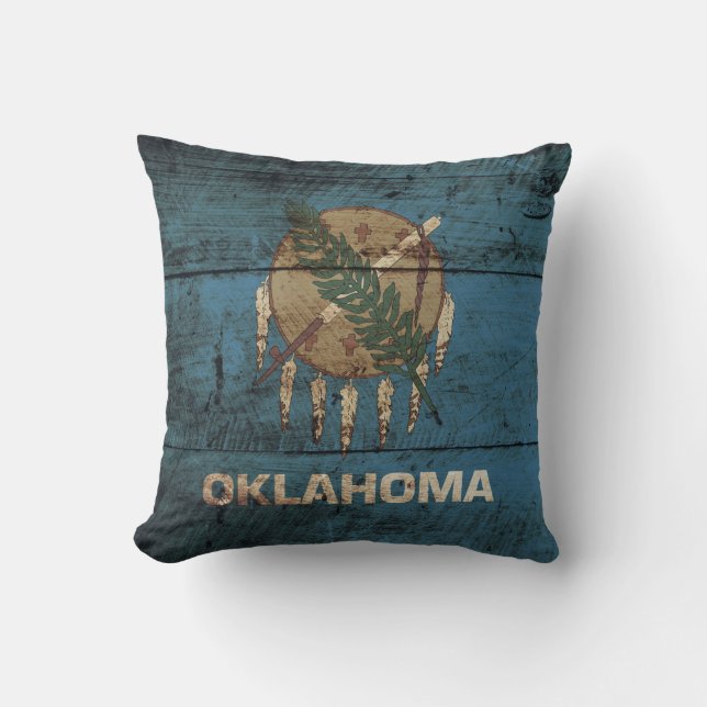 Oklahoma State Flag on Old Wood Grain Cushion (Front)
