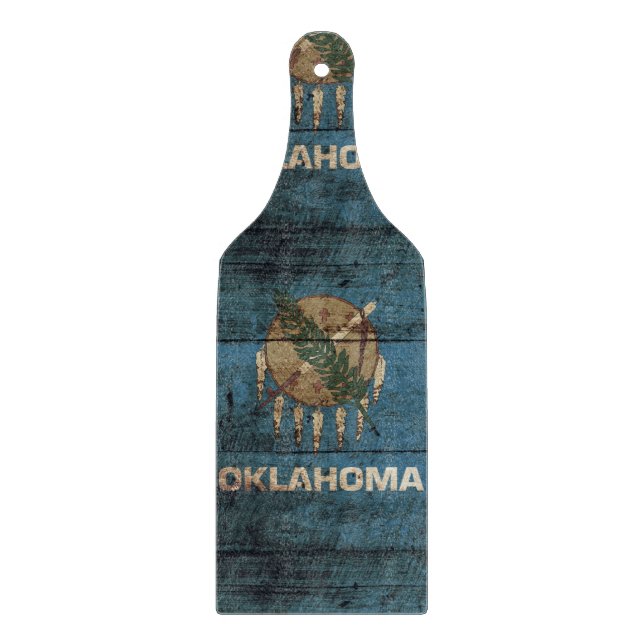 Oklahoma State Flag on Old Wood Grain Cutting Board (Front)