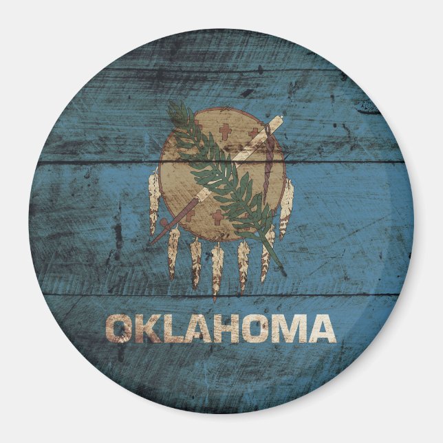 Oklahoma State Flag on Old Wood Grain Magnet (Front)