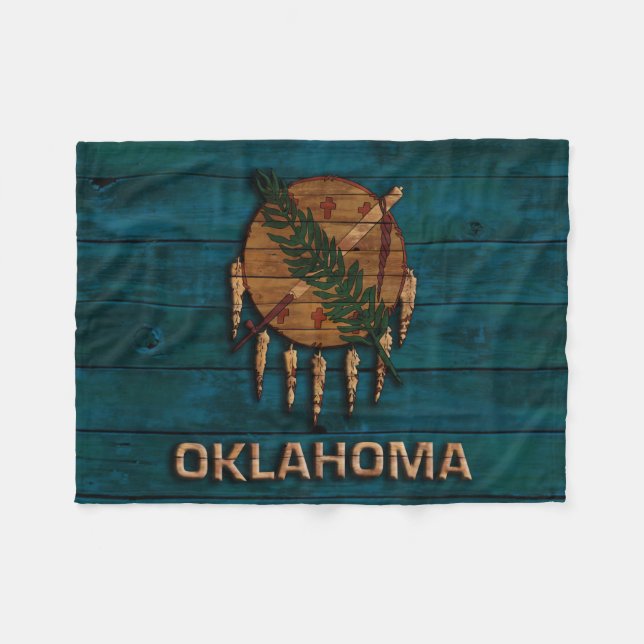 Oklahoma State Flag Vintage Wood Carved Fleece Blanket (Front (Horizontal))