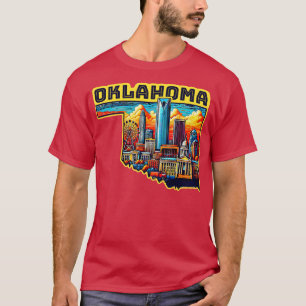 Oklahoma State Map Skyline with Iconic Landmarks V T-Shirt