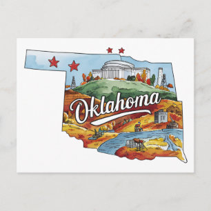 Oklahoma USA State Shaped Vintage Watercolor Postcard