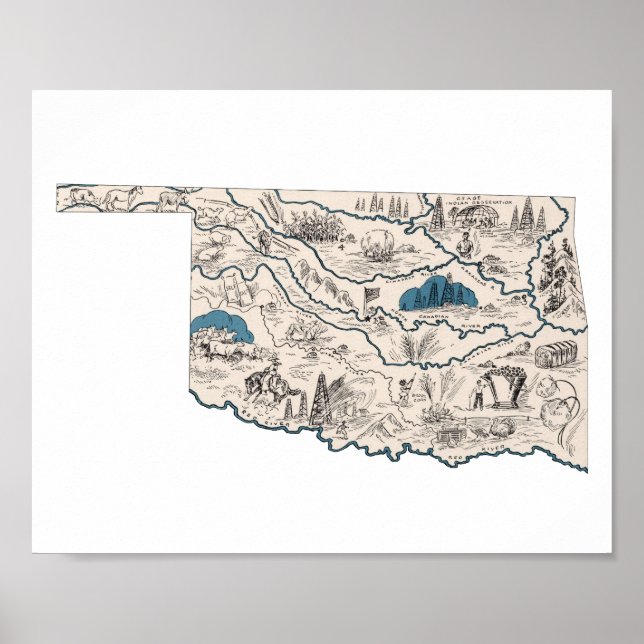 Oklahoma Vintage Picture Map Poster (Front)